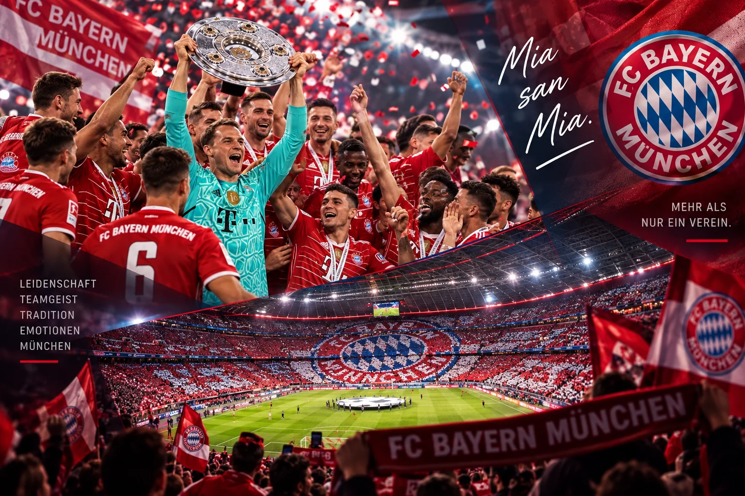 Fußball-Collage mit FC-Bayern-Motiven: Meisterfeier und ausverkauftes Stadion