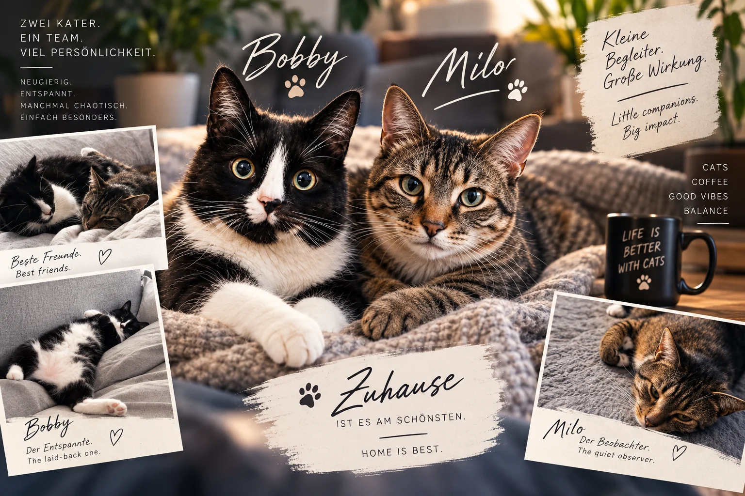 Bobby und Milo: zwei Kater, die gemeinsam auf einer Decke liegen