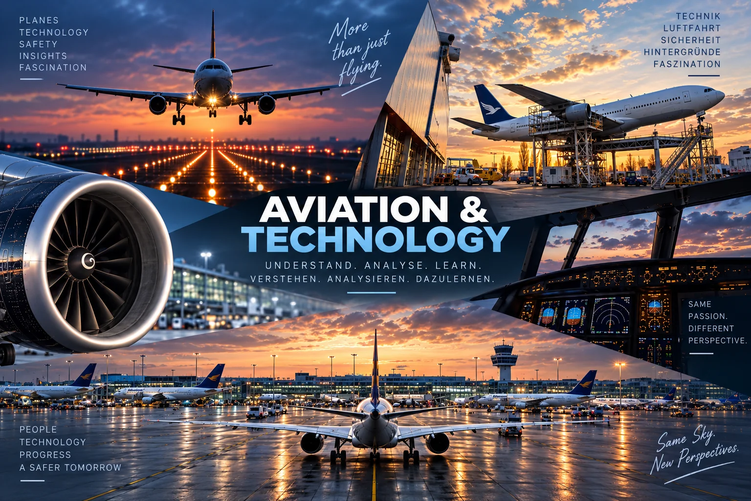 Luftfahrt-Collage: startendes Flugzeug bei Sonnenuntergang, Cockpit und Flughafen