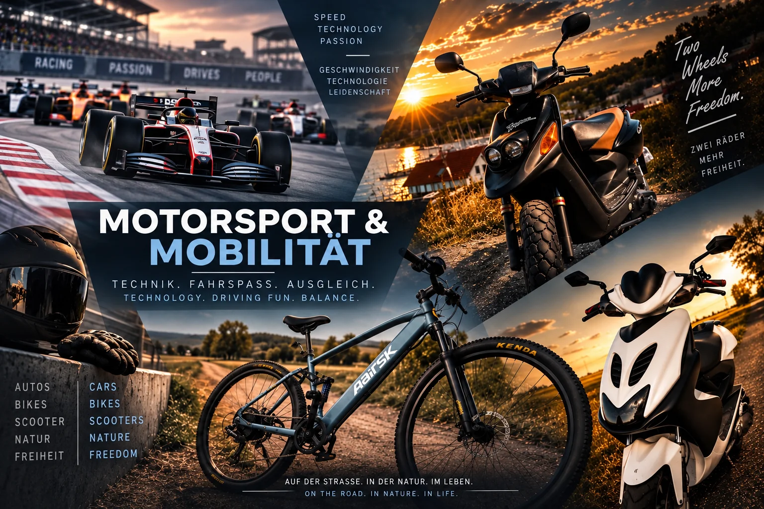 Collage zum Thema Motorsport und Mobilität: Formel-1-Wagen, Motorroller und E-Bike
