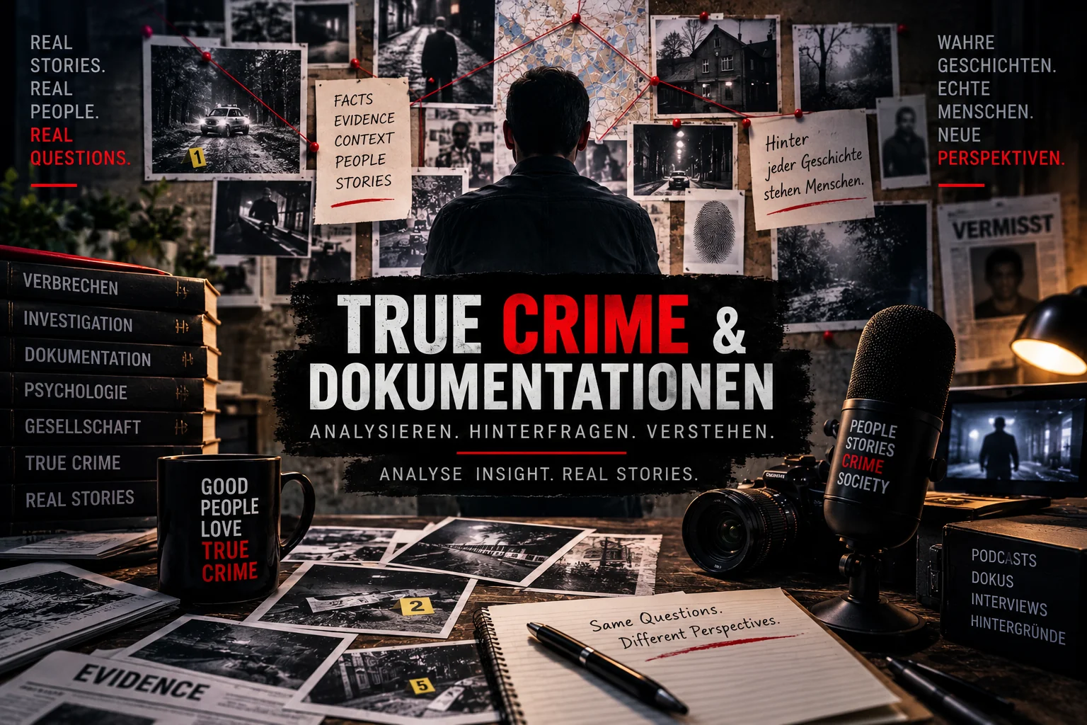 True-Crime-Collage: Ermittlungswand mit Fotos, Beweismitteln und Podcast-Mikrofon
